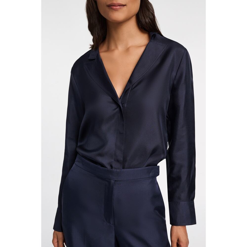 Dorothee Schumacher 100% Silk Trench It Up II Navy Button Up Blouse Size 5/XL